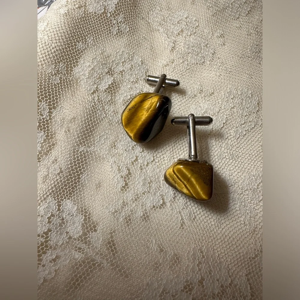 Tigers Eye Inspired Cuff Links Silver Toned not sure if the stones are genuine